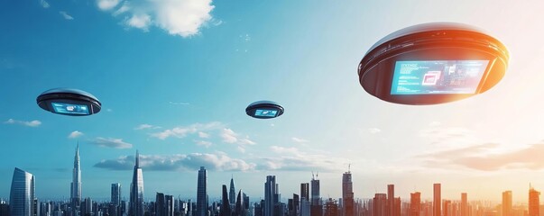 Holographic ads floating in the sky of a futuristic metropolis, sci-fi marketing innovation