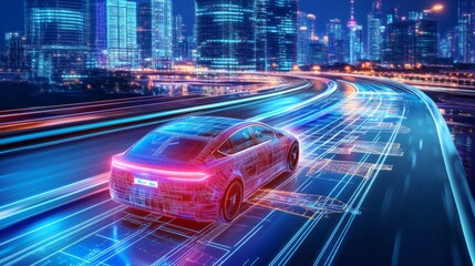 Poster - High-tech autonomous vehicle navigating a smart road with holographic displays for speed, directions, and AI insights, all within a neon-lit urban night scene
