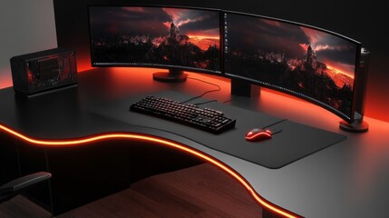 Poster - Immersive gaming desk setup featuring curved displays, a glowing RGB mouse, and a sleek minimal design, rendered in AI