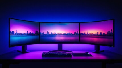 Poster - Immersive gaming desk setup featuring curved displays, a glowing RGB mouse, and a sleek minimal design, rendered in AI