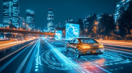 Poster - Night urban scene with an AI-guided car moving smoothly through a smart road, interactive holograms projecting live route and performance metrics