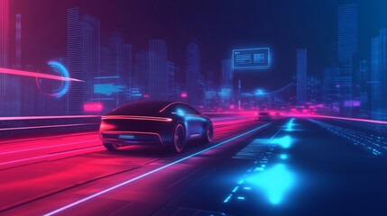 Poster - Nighttime urban environment with an autonomous car on a glowing smart road, surrounded by holographic interfaces displaying navigation and AI alerts