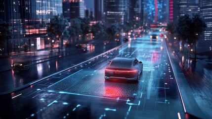 Poster - Smart road illuminated by holographic traffic data as an autonomous car glides through a bustling night cityscape, showcasing futuristic transport