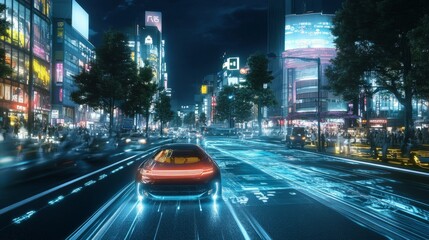 Poster - Smart road illuminated by holographic traffic data as an autonomous car glides through a bustling night cityscape, showcasing futuristic transport