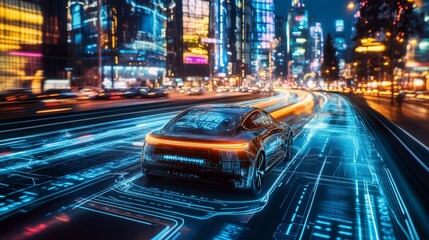 Poster - Smart road illuminated by holographic traffic data as an autonomous car glides through a bustling night cityscape, showcasing futuristic transport