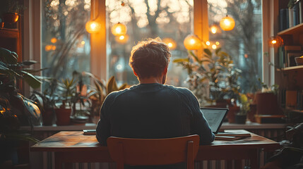 View from the rear of a mature man sitting at a table in a new residence, using a tablet.