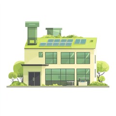 Poster - A recycling factory building with eco-friendly design, green roofs and solar panels, flat illustration, soft greens, isolated on white background 