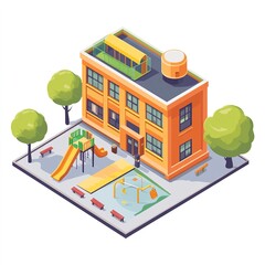 Poster - A compact urban school building with rooftop playground, space-saving design, flat style, modern palette, isolated on white background 