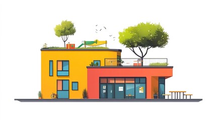 A compact urban school building with rooftop playground, space-saving design, flat vector style, modern palette, isolated on white background 