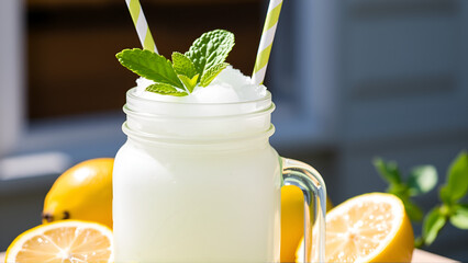 Summertime refreshment with a glass jar filled with lemon slushie garnished with mint, suggesting coolness and relaxation