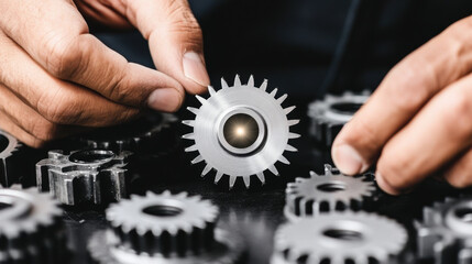 Precision engineering hands adjusting metallic gears in a mechanical setup