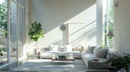 Poster - A spacious and bright living room with a white couch, a coffee table, and a potted plant. The room is filled with natural light, making it feel warm and inviting