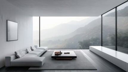 Poster - A large window in a living room overlooks a mountain range. The room is decorated in a minimalist style with white furniture and a gray rug. The atmosphere is calm and serene