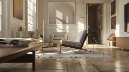 Poster - A living room with a white chair and a couch. The chair is in the middle of the room and the couch is on the left side. There is a book on the coffee table. The room has a modern and minimalist design
