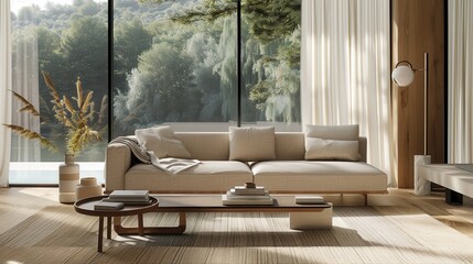 Poster - A living room with a large window and a couch. The couch is white and has pillows on it. There are several books on a coffee table in front of the couch. The room has a cozy and inviting atmosphere