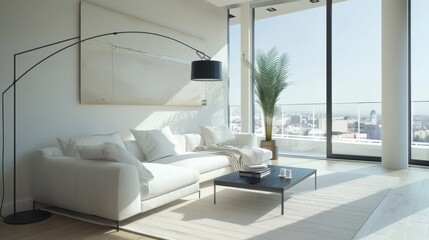 Poster - A white couch is in the middle of a living room with a black lamp and a potted plant. The room is bright and airy, with a large window letting in plenty of natural light