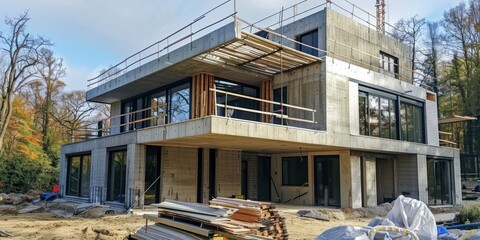 Modern house under construction with concrete walls and scaffolding. Architecture and urban development concept.