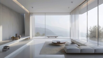 Poster - A large, open living room with a white couch and a coffee table. The room has a minimalist design and a sense of spaciousness