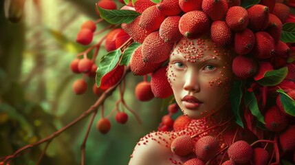 Poster - A woman is wearing a costume made of red fruit. The costume is made of red fruit such as strawberries, apples, and oranges. The woman is standing in a forest with green leaves and branches
