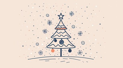 Aufkleber - Elegant line art of a minimalist Christmas tree adorned with ornaments and snowflakes in a festive winter setting