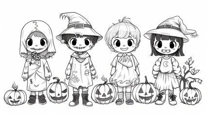 Poster - Children enjoy Halloween in fun costumes with carved pumpkins in a minimalistic line art style, emphasizing spooky excitement and creativity