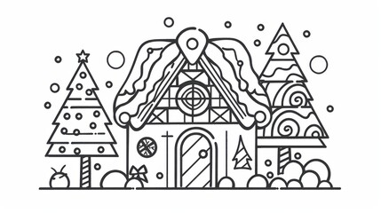 Poster - Festive line art illustration of a gingerbread house surrounded by holiday decorations and trees celebrating the season