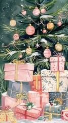 Fototapete - Hand-drawn New Year’s gift boxes in soft pastel colors under a decorated tree with ornaments and snowflakes during the holiday season