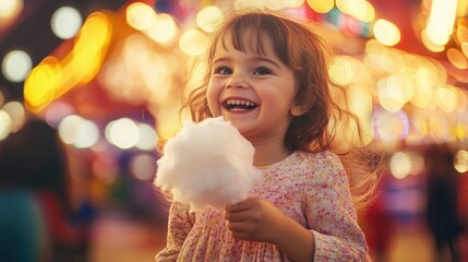 Poster - A young girl is holding a cotton candy stick and smiling