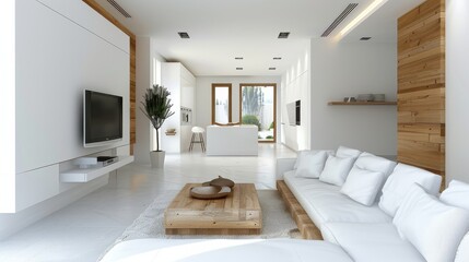 Poster - A large living room with a white couch and a white coffee table. The room is very spacious and has a modern design