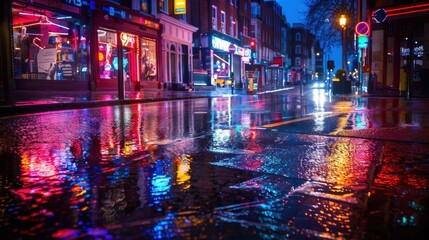 Aufkleber - A city street at night with neon lights reflecting on the wet pavement. The atmosphere is lively and vibrant, with people walking around and cars driving down the street