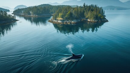 Aufkleber - A whale is swimming in the ocean near a forest. The water is calm and the sky is clear