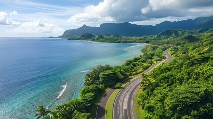 Poster - A beautiful beach with a road running along the shore. The road is lined with trees and the ocean is in the background