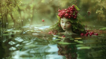 Poster - A woman with a red headdress is floating in a pond. The pond is green and the woman is surrounded by red berries