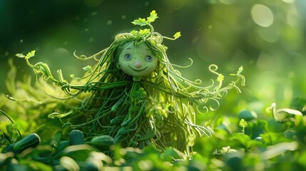 Aufkleber - A green girl with long hair is sitting in a field of green grass. She is wearing a green dress and has a smile on her face