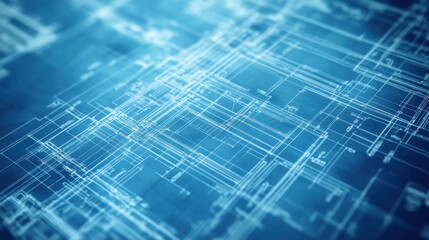 Poster - A blue and white image of a building with many lines and dots