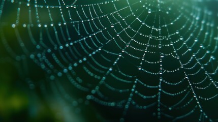 Aufkleber - A spider web is shown in a blurry, wet, and misty green color. The web is full of water droplets, giving it a dreamy and ethereal appearance
