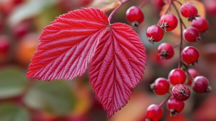 Poster - A leaf with a red stem and red berries
