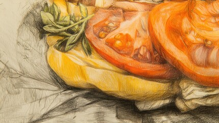 Poster - A drawing of a sandwich with tomatoes and basil