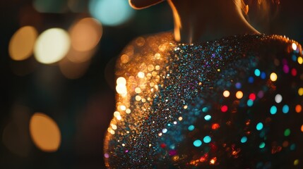 Leinwandbilder - A woman is wearing a sparkly dress and standing in front of a blurry background