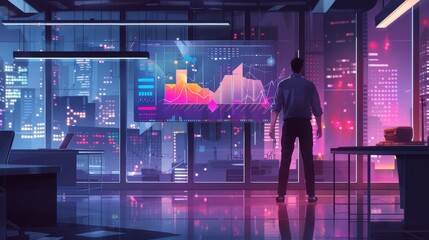Leinwandbilder - A man stands in front of a large monitor displaying a colorful graph. The room is dimly lit, with a cityscape visible in the background. The man is focused on the graph