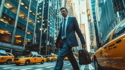 Poster - A man in a suit is walking down a city street, carrying a briefcase. The scene is set in a busy urban environment with multiple yellow taxis and a few pedestrians. The man is in a hurry