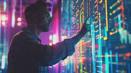Fototapete - A man is pointing at a computer screen with a colorful background. Concept of technology and innovation, as the man is interacting with the digital display