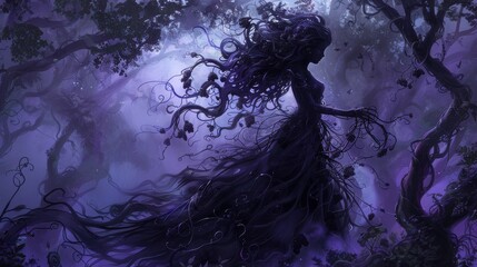 Poster - A woman with long hair is walking through a forest. The forest is dark and mysterious, with trees that seem to be reaching out to her. The woman is lost or searching for something