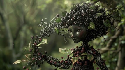 Poster - A woman with a plant on her head. The plant is full of berries