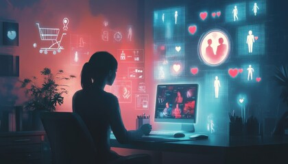Leinwandbilder - A woman is sitting at a computer desk with a monitor displaying a computer game. The game is a virtual shopping experience with a shopping cart and a woman in the foreground