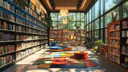 Poster - A library with a colorful rug and a blue chair