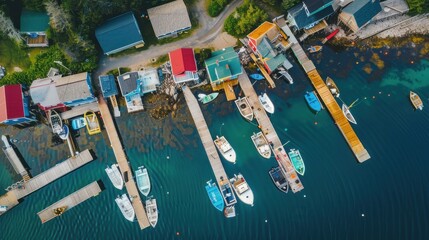 Poster - A group of boats are docked in a marina, with some of them being small and others larger. The water is calm and the boats are spread out, with some closer to the shore and others further out