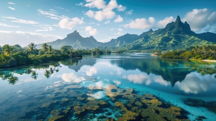 Poster - A beautiful blue ocean with mountains in the background. The water is calm and clear, and the sky is cloudy