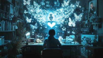 Aufkleber - A woman sits at a desk in a room with a large number of butterflies. The butterflies are in various sizes and colors, and they surround the woman. The room is filled with books
