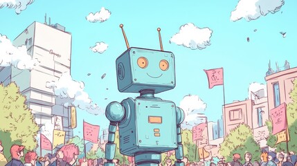 Poster - A robot is standing in front of a crowd of people holding a red flag